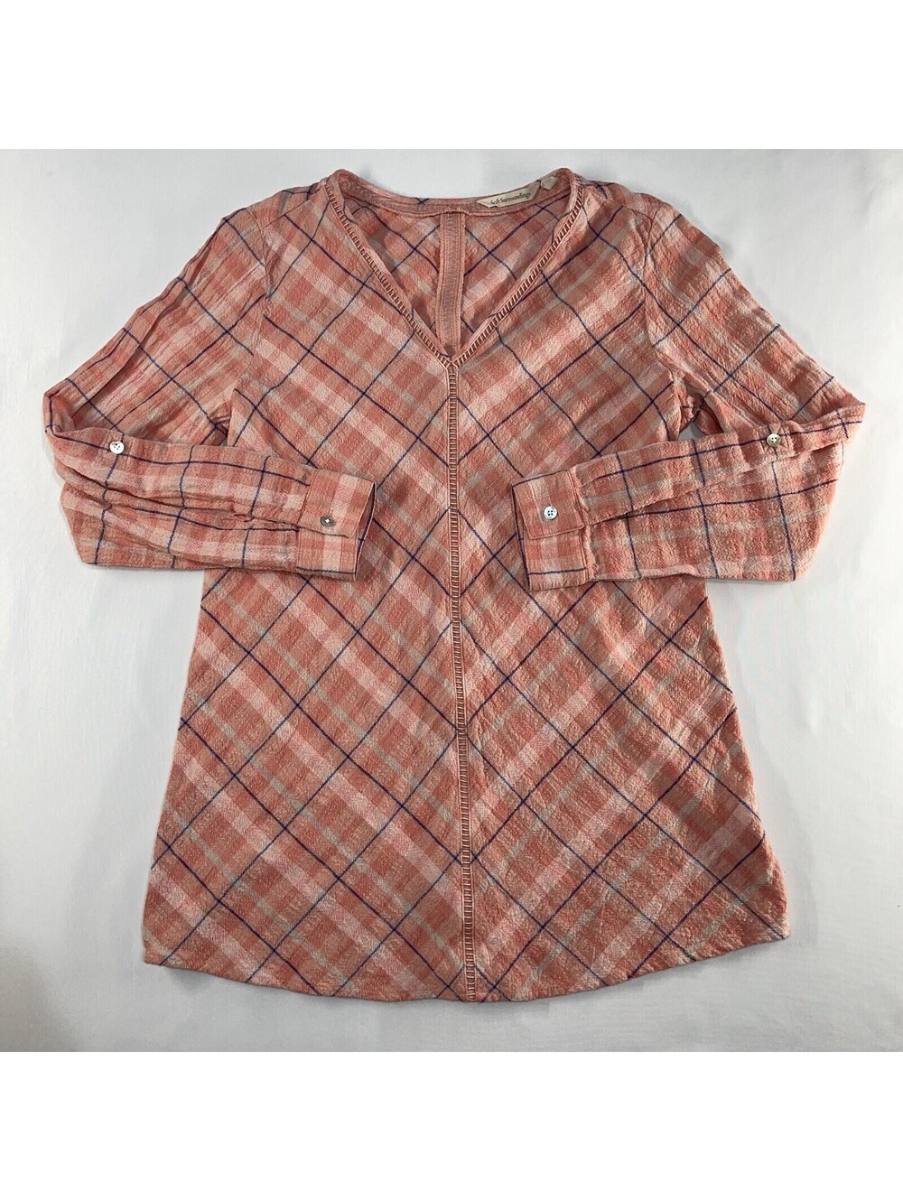 Soft Surroundings Tunic Womens Small Pink Coral Top Textured Bohemian Roll Tab
